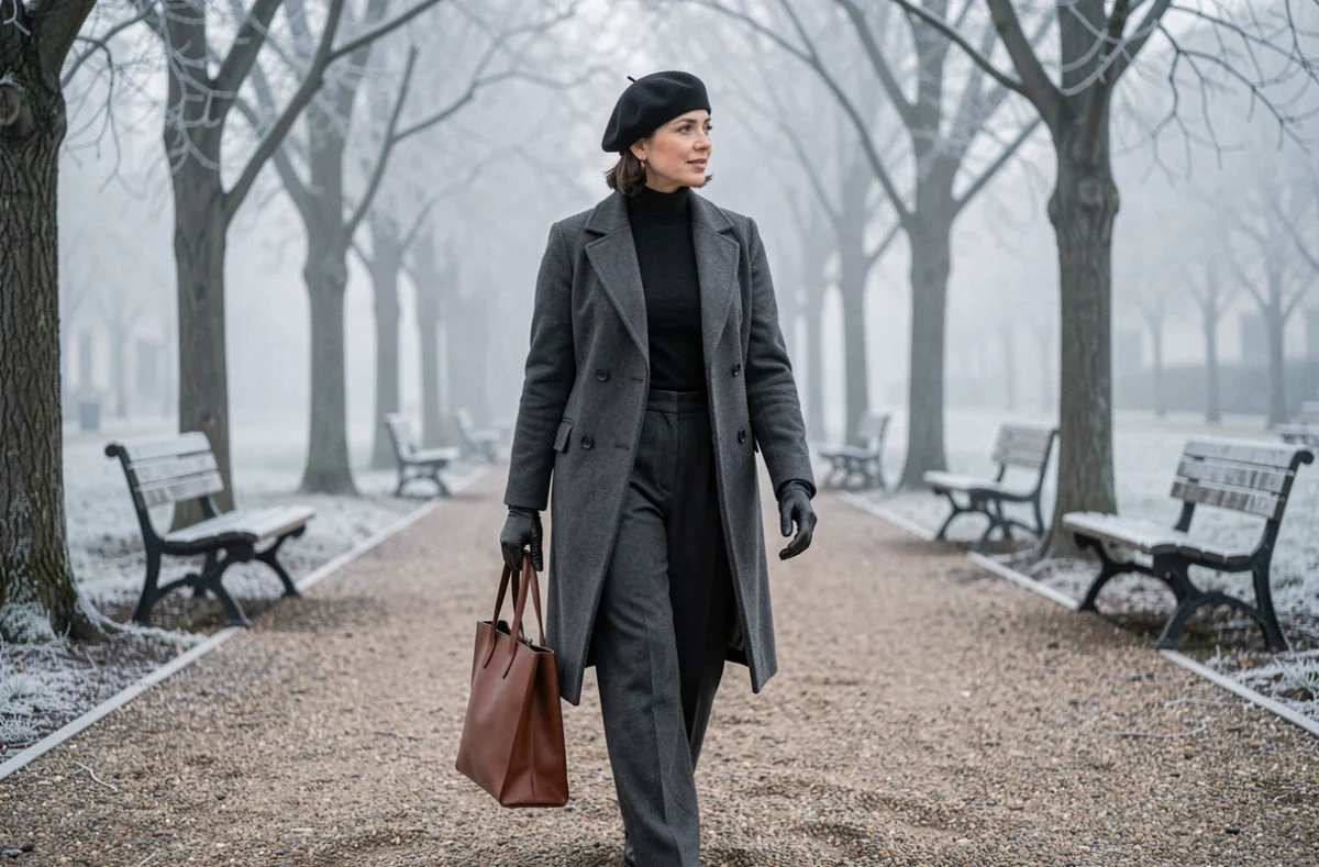 Femme en manteau gris anthracite et béret se promenant dans un parc gelé en hiver, look élégant superposé
