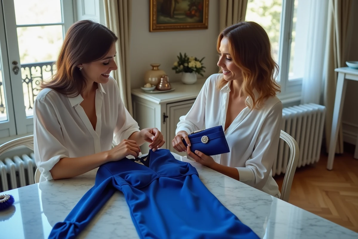 Deux femmes stylant ensemble une robe de cocktail bleue avec accessoires de soirée dans un appartement parisien élégant