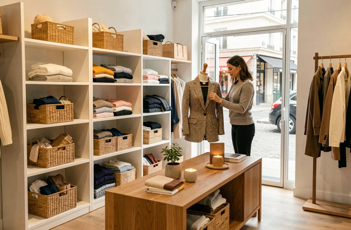 Intérieur de la boutique Taboo prêt-à-porter femme à La Talaudière avec des portants de vêtements colorés et une vendeuse