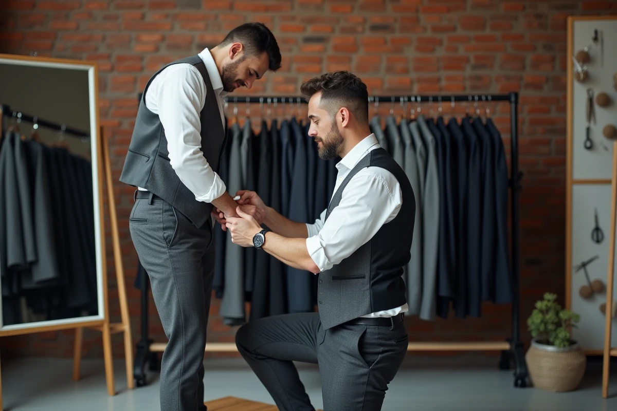 Tailleur professionnel prenant des mesures sur un pantalon dans un atelier de retouche urbain abordable