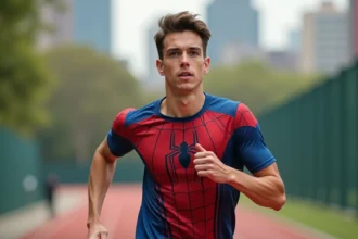 Homme portant un tee-shirt Spider-Man en tissu technique respirant lors d'une séance de course à pied en extérieur