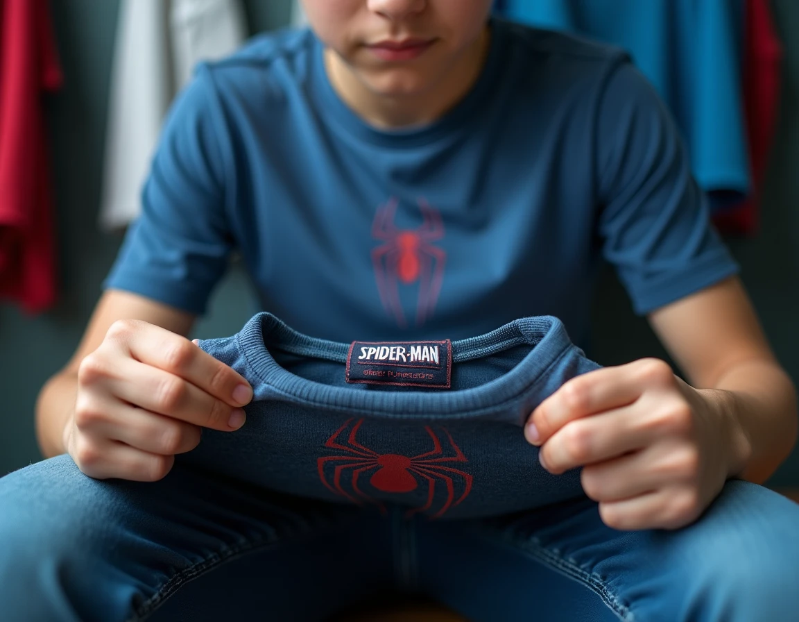 Adolescent examinant les détails du tissu technique d'un tee-shirt Spider-Man de sport dans un vestiaire
