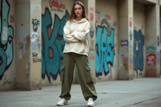 Femme en streetwear urbain avec hoodie oversize crème et cargo pants olive, pose confiante dans une rue avec murs de graffitis