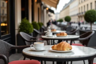 Terrasse de café élégante sur la Rue Montaigne à Paris avec tasses d'espresso et viennoiseries sur tables en marbre