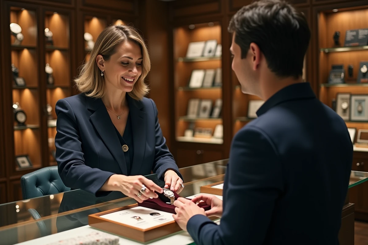Vendeuse spécialisée présentant une Rolex Day-Just d'occasion sur plateau en velours dans une boutique de montres de luxe