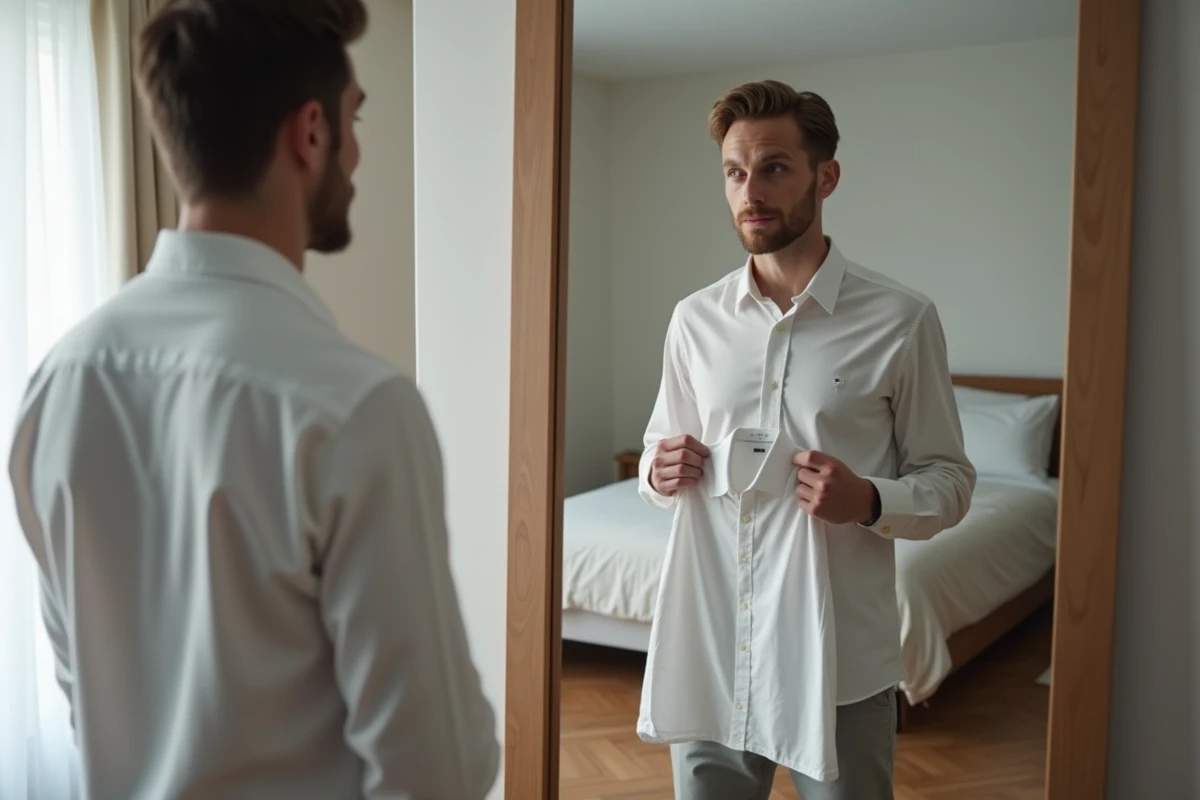 Homme vérifiant la taille d'un vêtement reçu en ligne devant un miroir dans sa chambre minimaliste