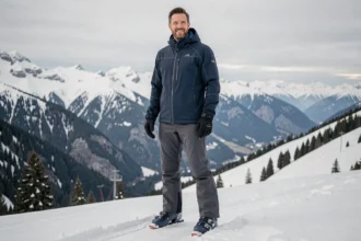 Homme portant une veste de ski haut de gamme bleu marine et un pantalon gris charbon au sommet d'une piste alpine enneigée