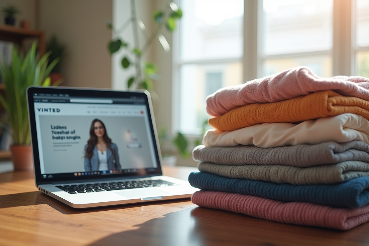 Vêtements pliés avec ordinateur montrant Vinted en journée