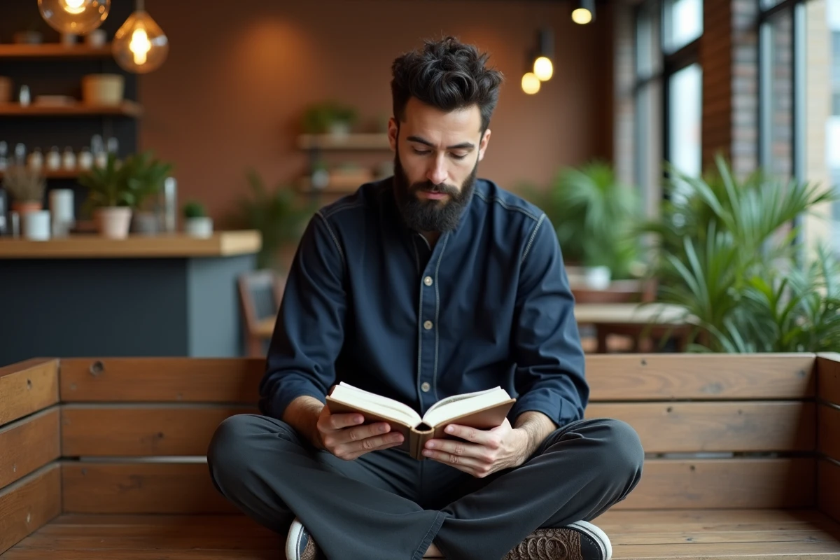 Homme barbu en chemise Wassat bleu marine sans col assis dans un café moderne au décor en brique